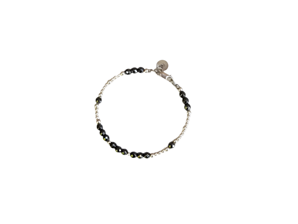 Hematite, Sterling Silver Beaded Bracelet with Heart Stamped Silver Charm