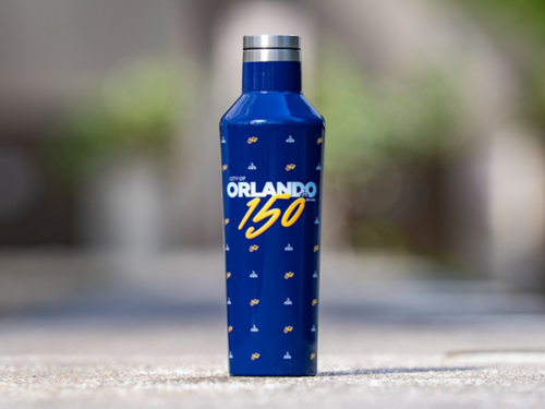 Blue water bottle with 'Orlando 150' text on a blurred background