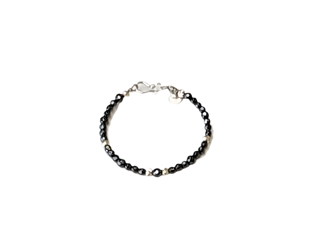 Sterling Silver, Hematite, Beaded Bracelet & Heart Stamped Sterling Silver Charm