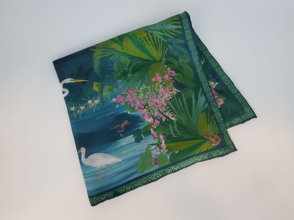 Egret Lagoon Silk Scarf 26 X 26