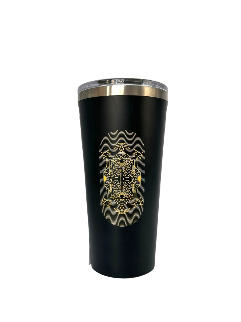 Black tumbler with gold geometric design on a white background