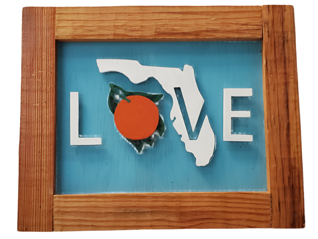 Love Florida With Orange Teal Background Wood Art