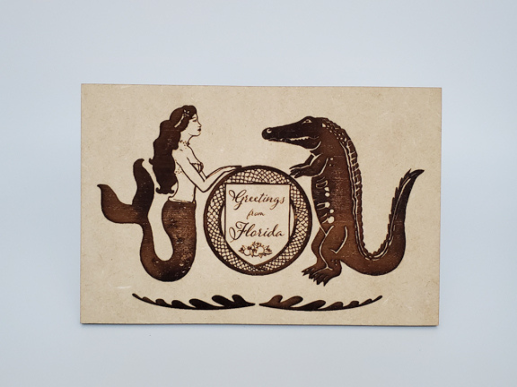 Mermaid and Alligator, wooden postcard