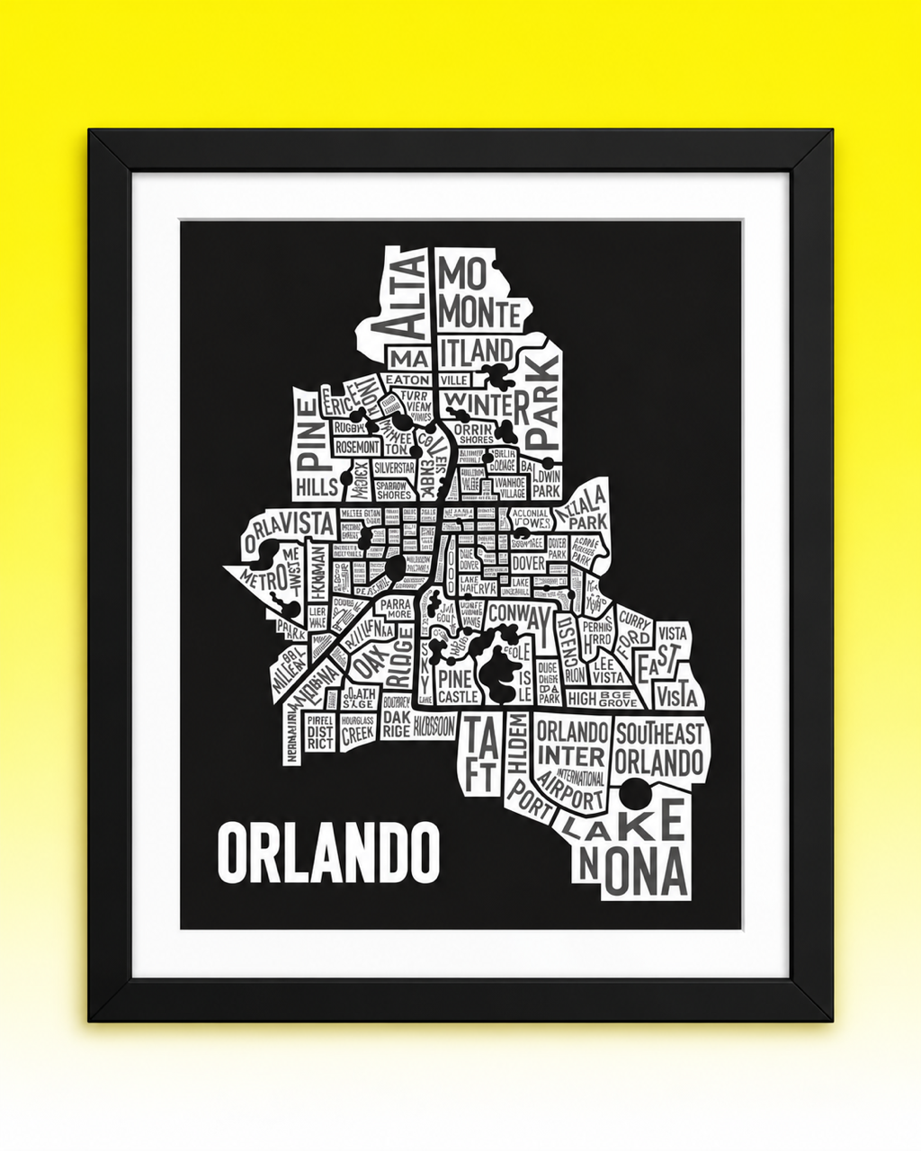 Framed 11 x 14 Black & White Orlando Map