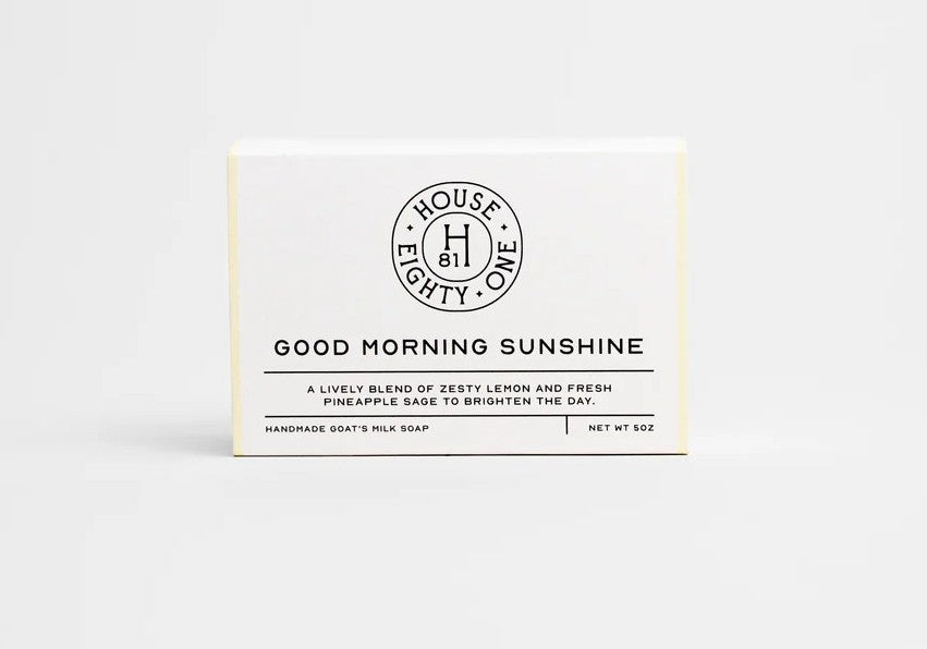 Bar of soap with 'Good Morning Sunshine' label on a white background