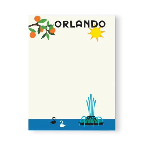 Notepad with swans, oranges and fountain.
