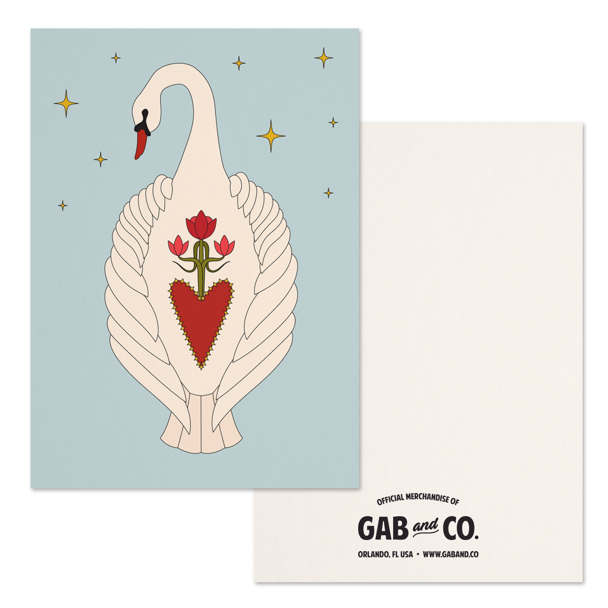 Card with a swan holding a heart and roses design on a light blue background, featuring the brand 'GAB and Co.'