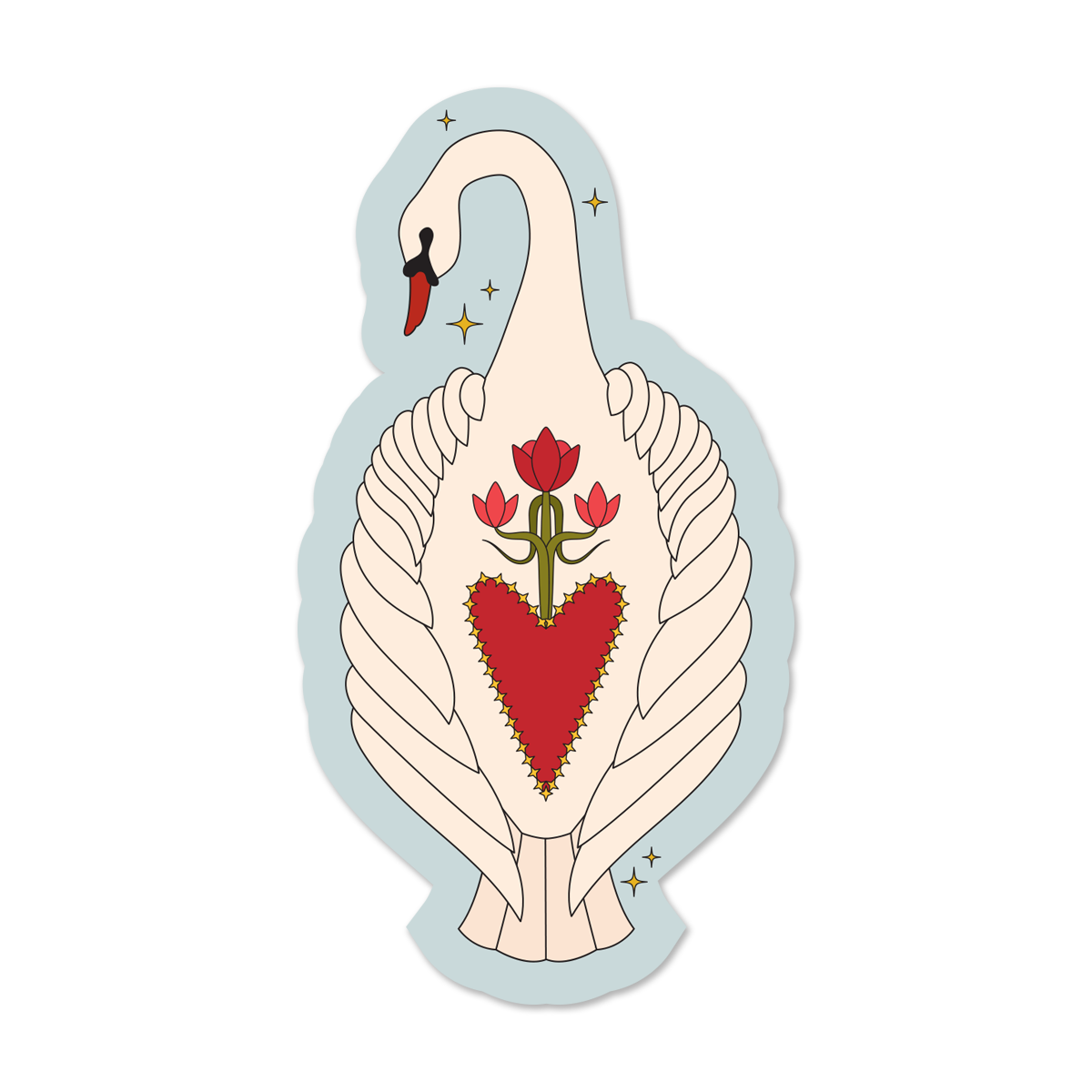 Sticker of a swan with a red heart and flower design on a light blue background