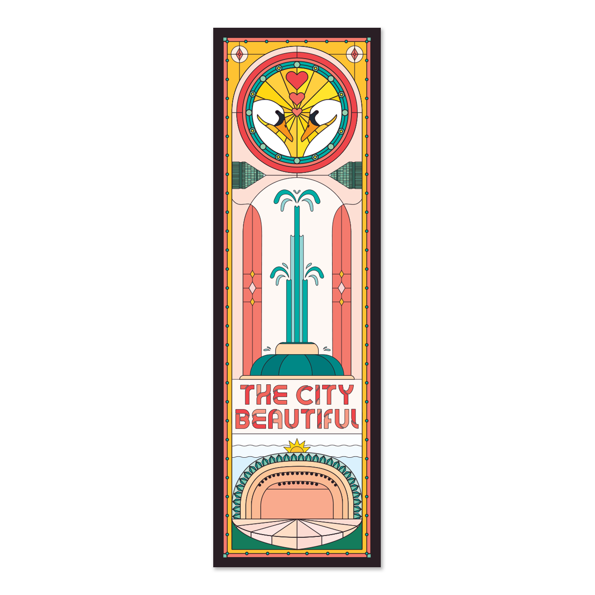 Bookmark with art nouveau design featuring a heart and architectural elements on a white background.