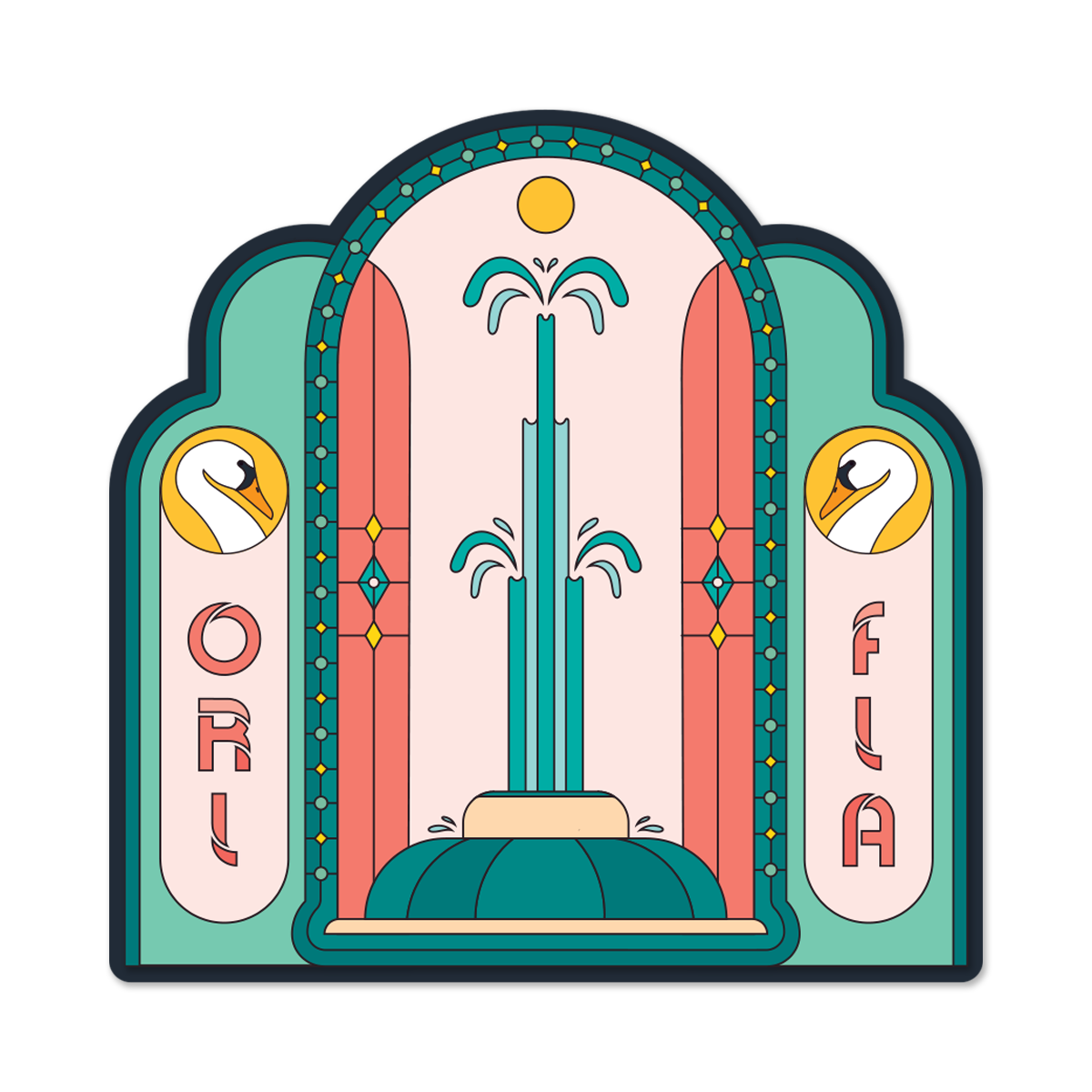 Decorative sticker with a fountain design and 'ORI FLA' text on a white background