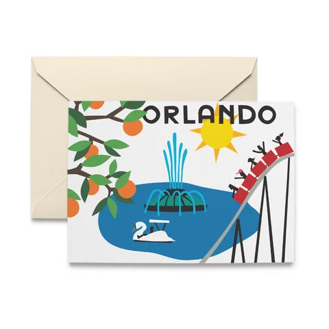 Scene of oranges, fountain and roller coaster.