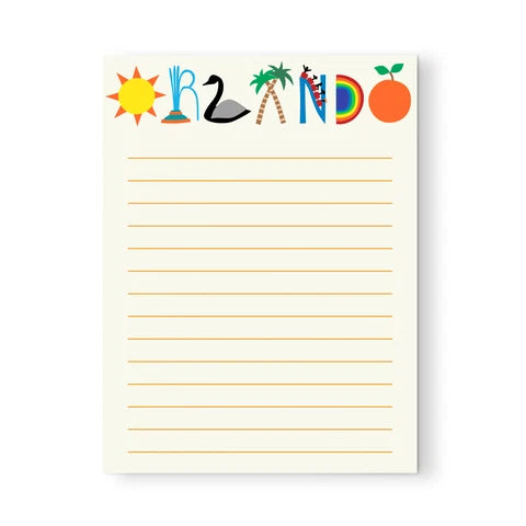 Colorful letters spelling out Orlando on notepad.