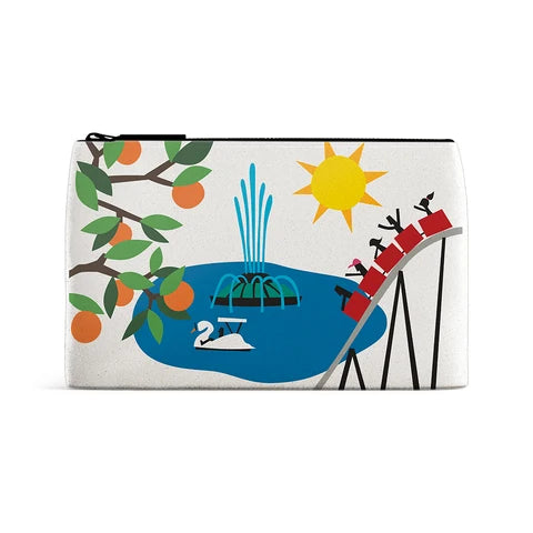 A pouch with oranges, a fountain and a roller coaster.