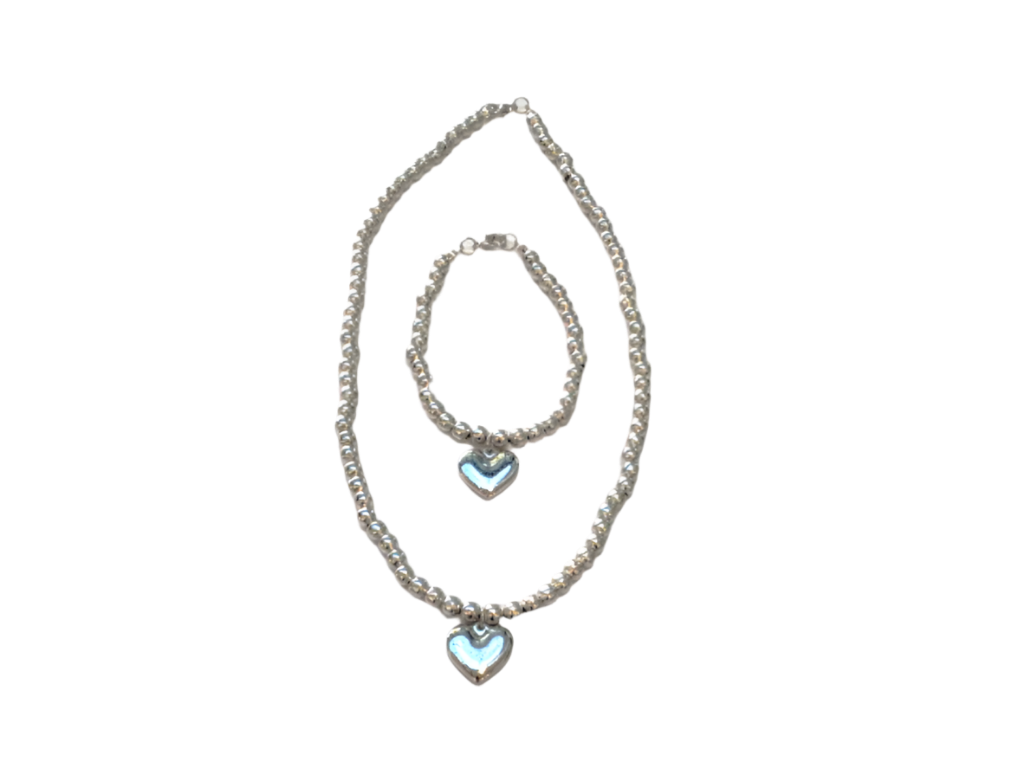 Silver Beads Heart Necklace & Bracelet
