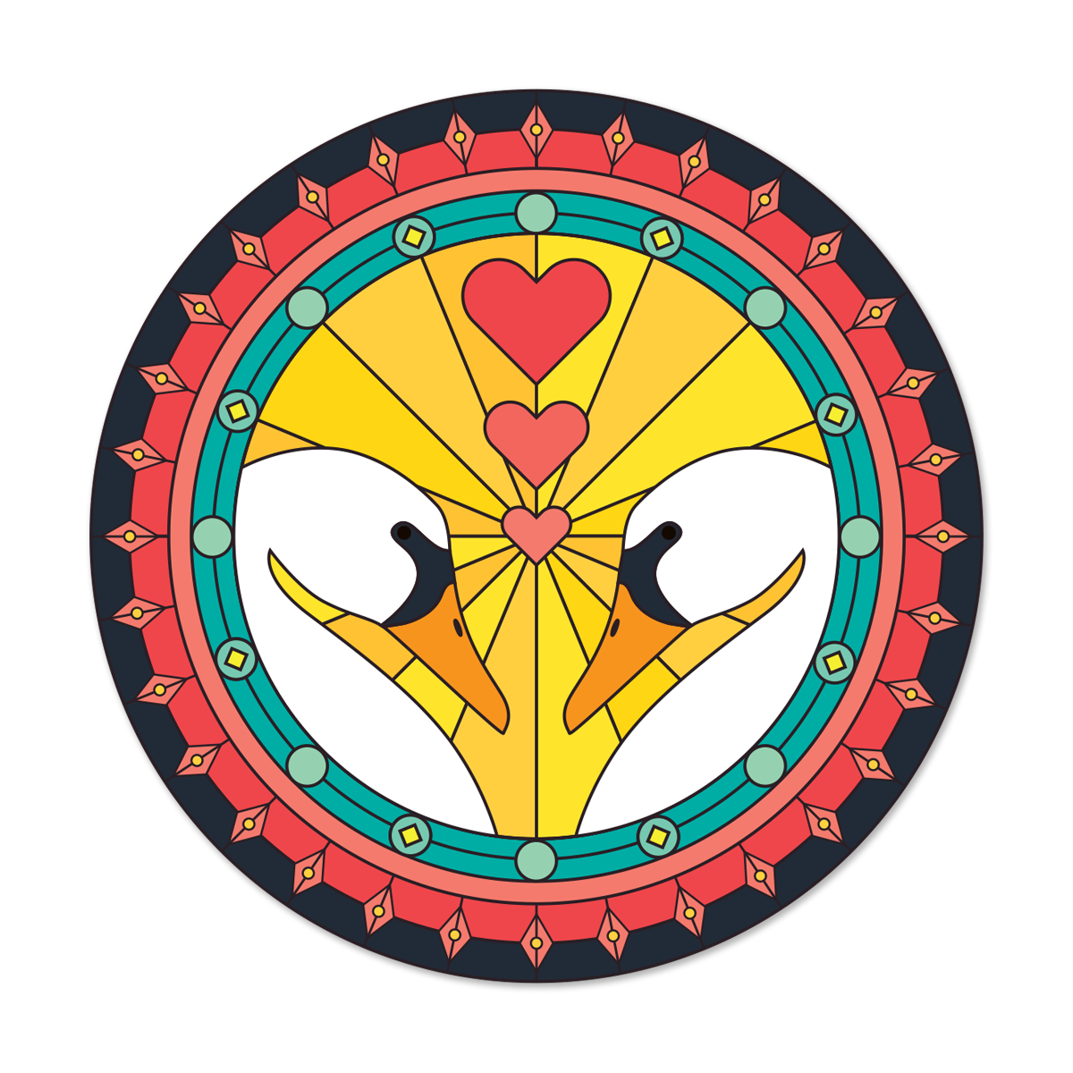 Colorful circular design sticker with two birds and hearts on a white background