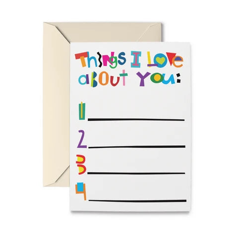 Colorful card with 4 spots to write what you love about someone.