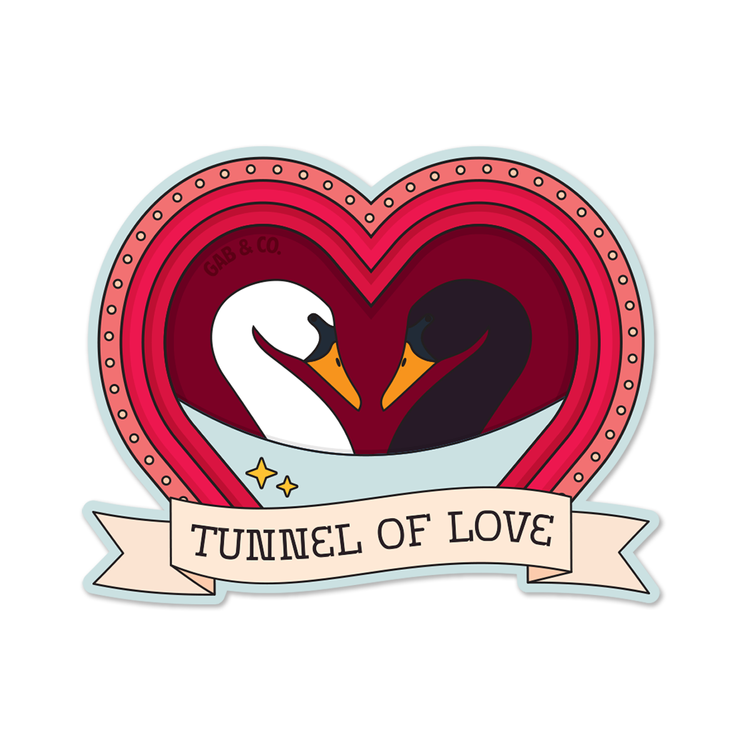 Heart-shaped design sticker with two swans and 'Tunnel of Love' text on a white background