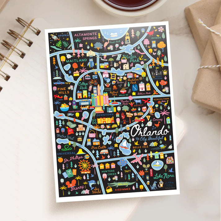 Orlando Map, Black, Postcard